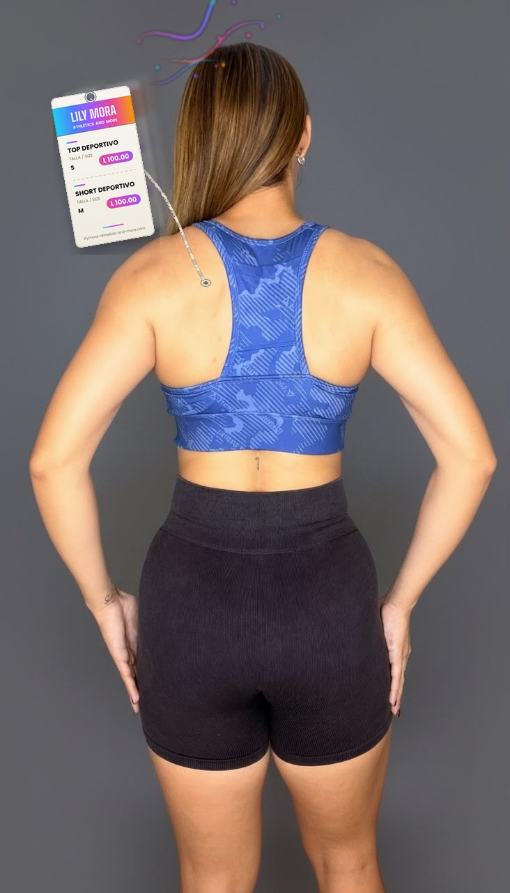Blue sports bra and black shorts set