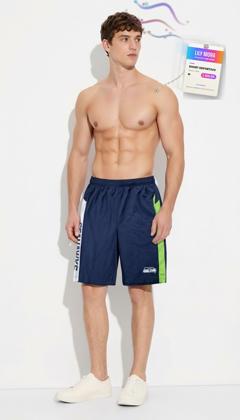 Men's Seahawks shorts on model, Lily Mora Collection Men