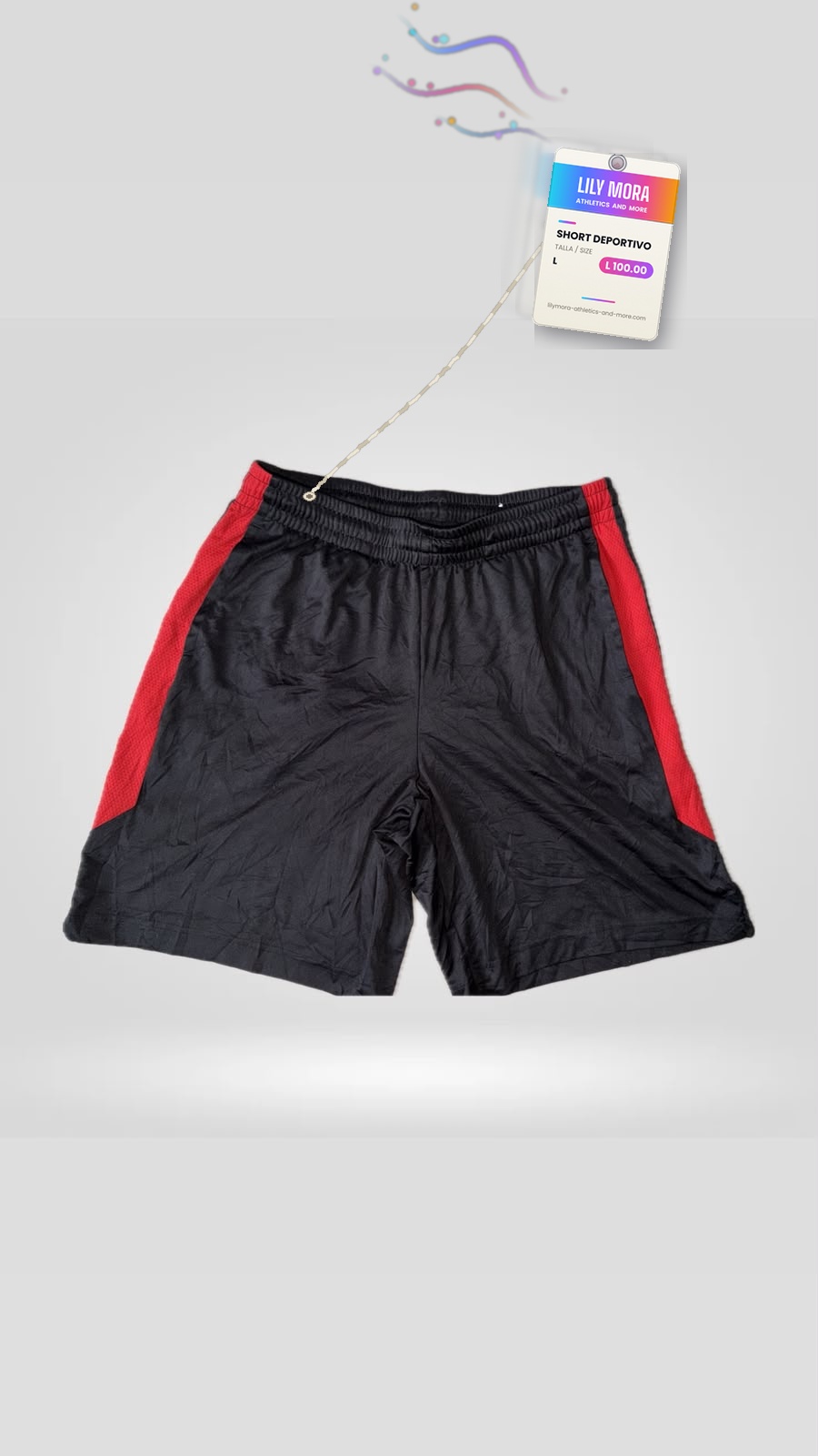 Men's black and red shorts, front view, Lily Mora Collection Men