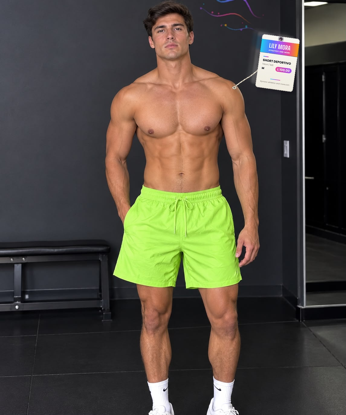 Men's neon green shorts on model, Lily Mora Collection Men