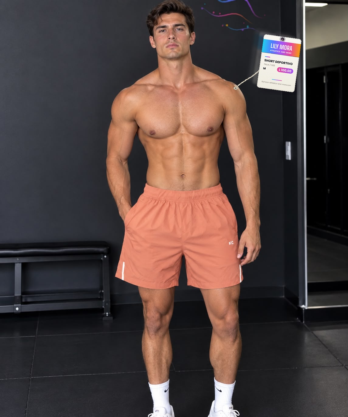Men's coral KC shorts on model, Lily Mora Collection Men