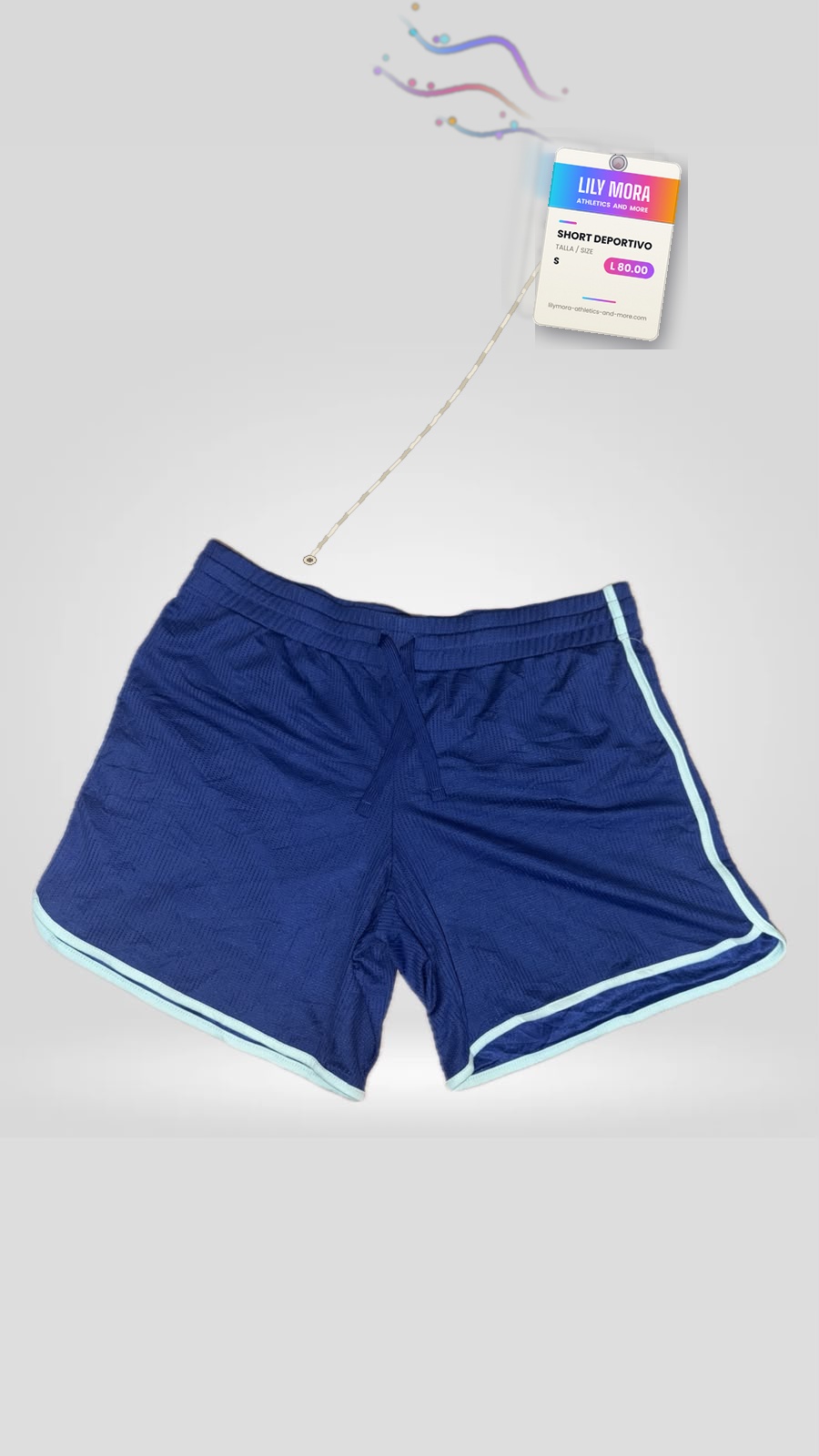 Men's navy shorts with light blue trim, front view, Lily Mora Collection Men