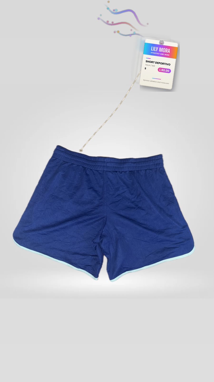 Men's navy shorts with light blue trim, back view, Lily Mora Collection Men