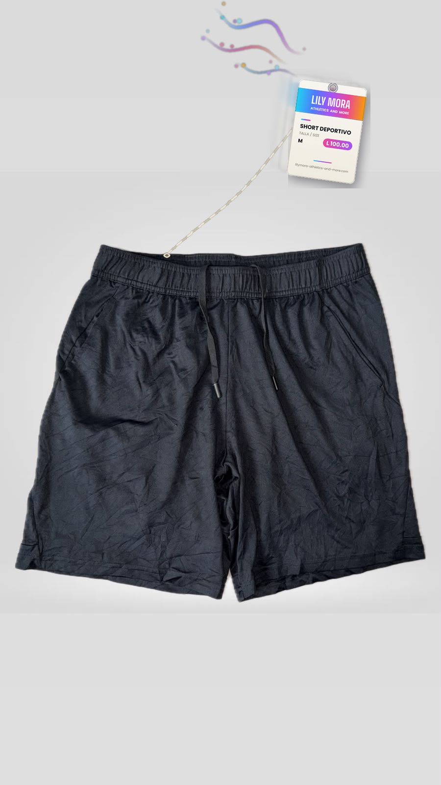 Men's black shorts with drawstring, front view, Lily Mora Collection Men