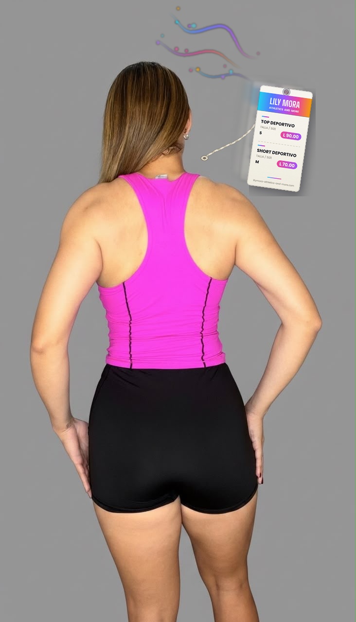 Pink sports bra and black shorts set
