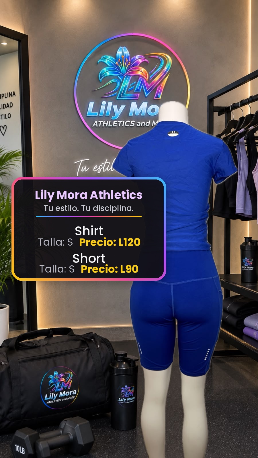 Shirt azul, talla S, precio L120 y Short azul, talla S, precio L90