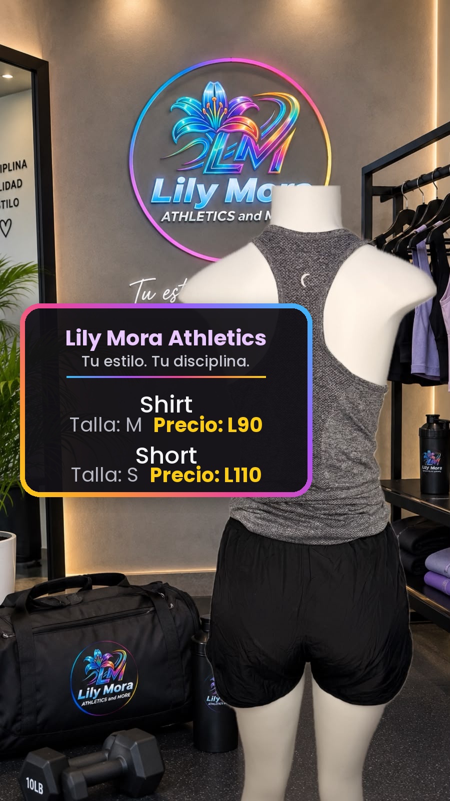 Shirt gris, talla M, precio L90 y Short negro, talla S, precio L110