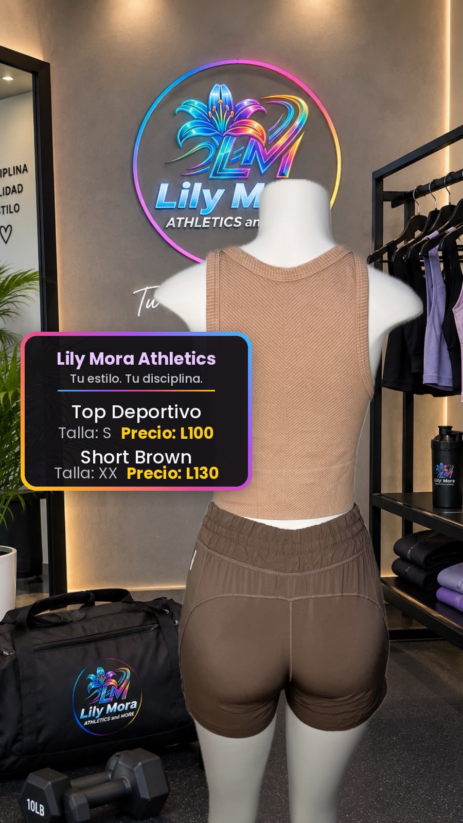 Top Deportivo canela, talla S, precio L100 y Short Brown, talla XX, precio L130