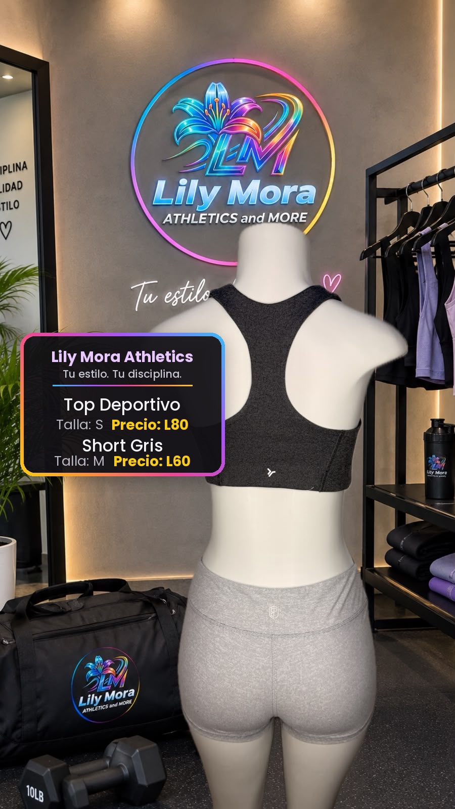 Top Deportivo gris, talla S, precio L80 y Short Gris, talla M, precio L60