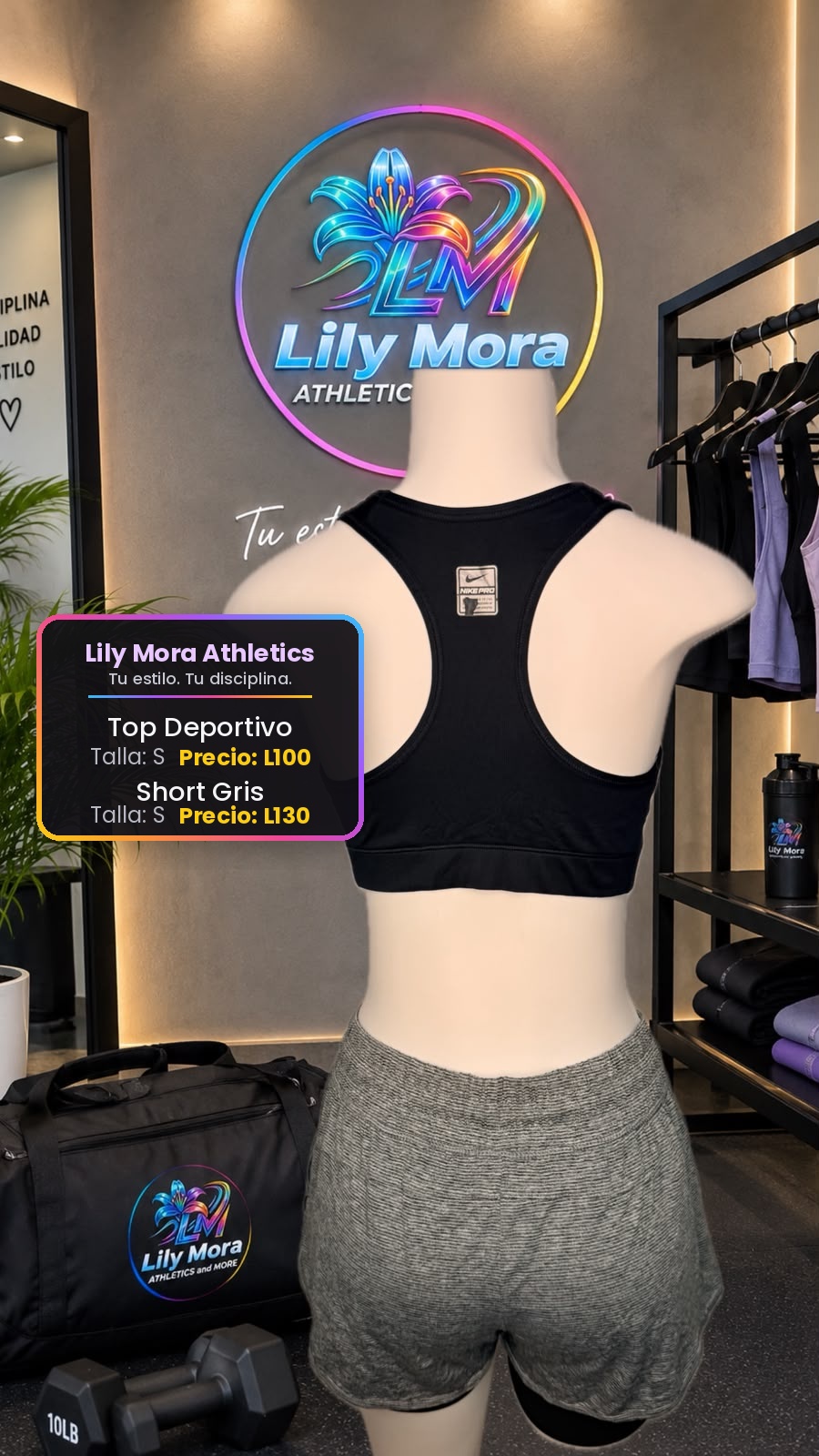 Top Deportivo negro, talla S, precio L100 y Short Gris, talla S, precio L130