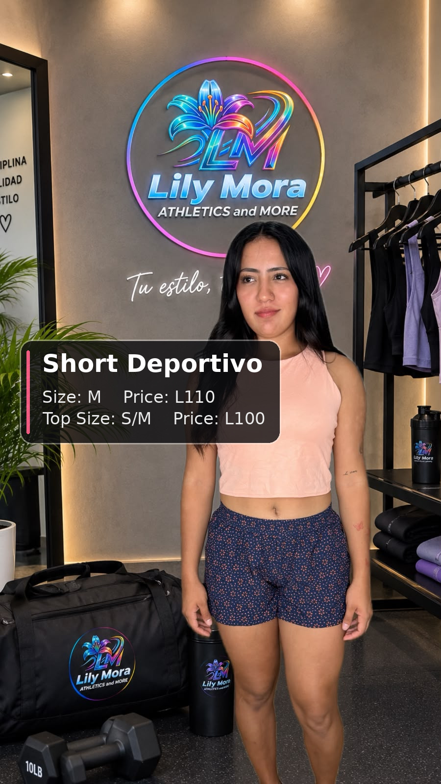 Short Deportivo navy floral print with peach crop top, short size M price L110, top size S/M price L100