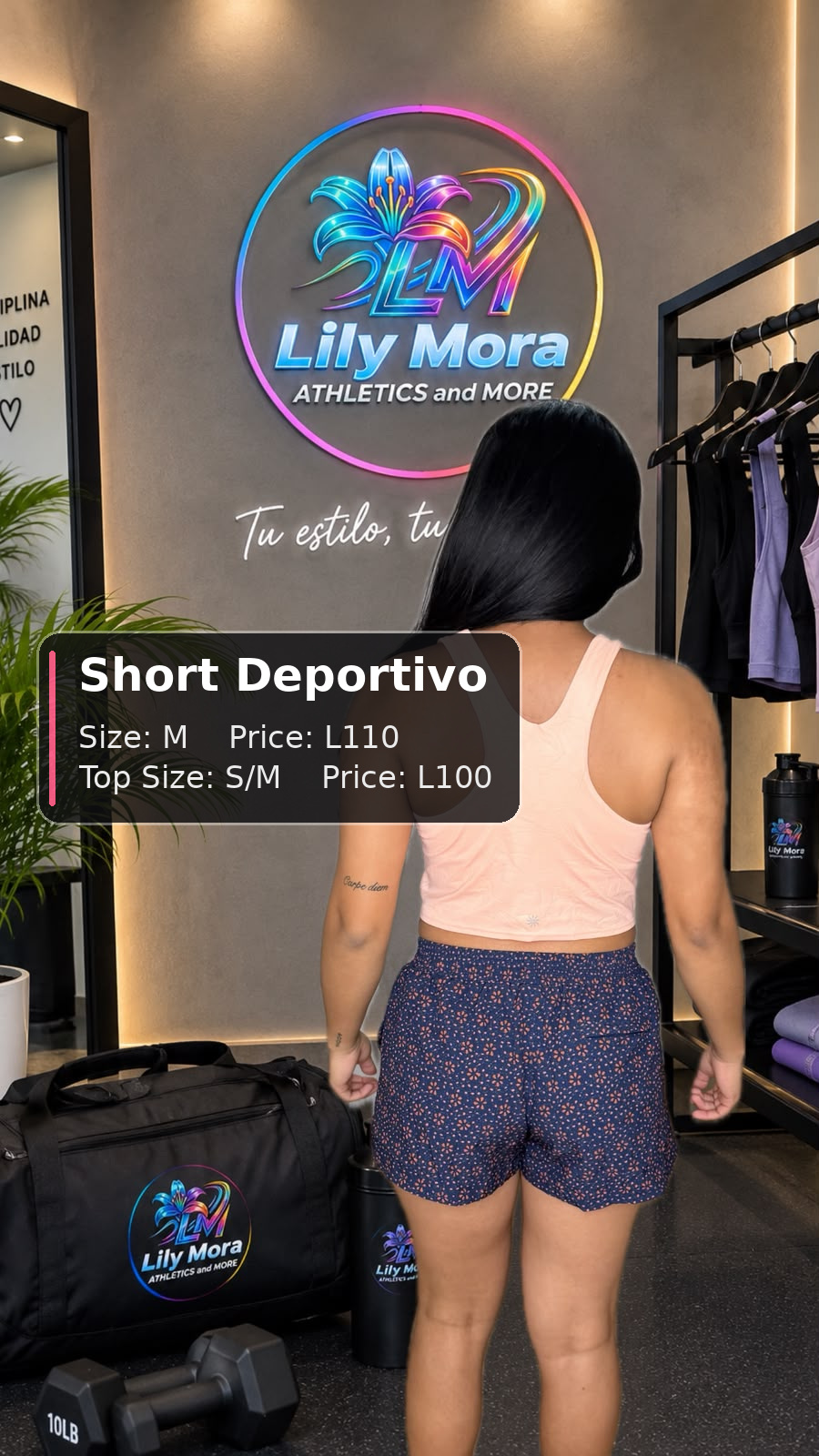 Short Deportivo navy floral print with peach crop top, short size M price L110, top size S/M price L100, back view