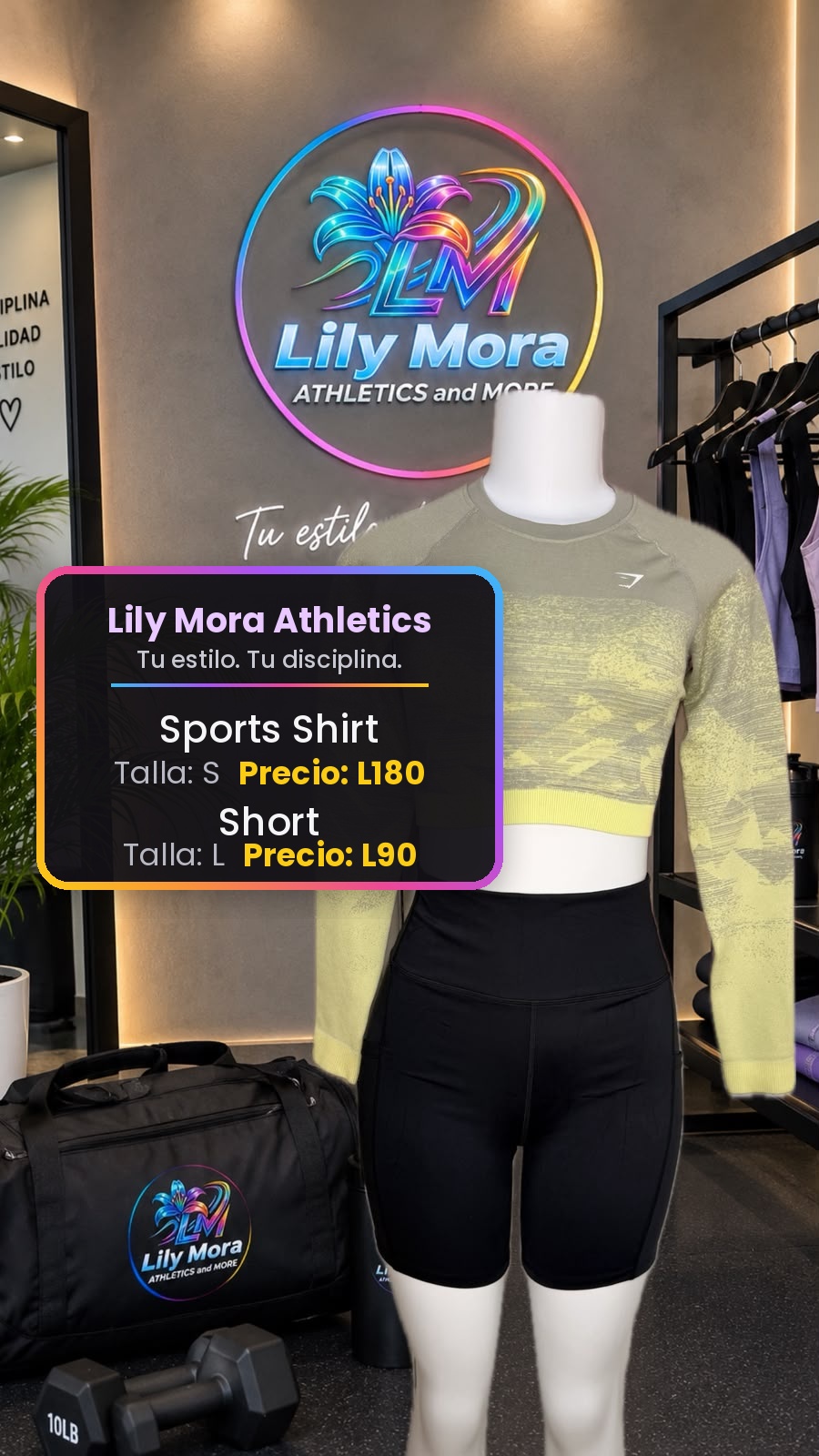 Sports Shirt verde, talla S, precio L180 y Short negro, talla L, precio L90