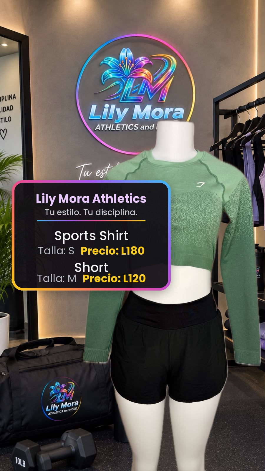 Sports Shirt verde, talla S, precio L180 y Short negro, talla M, precio L120