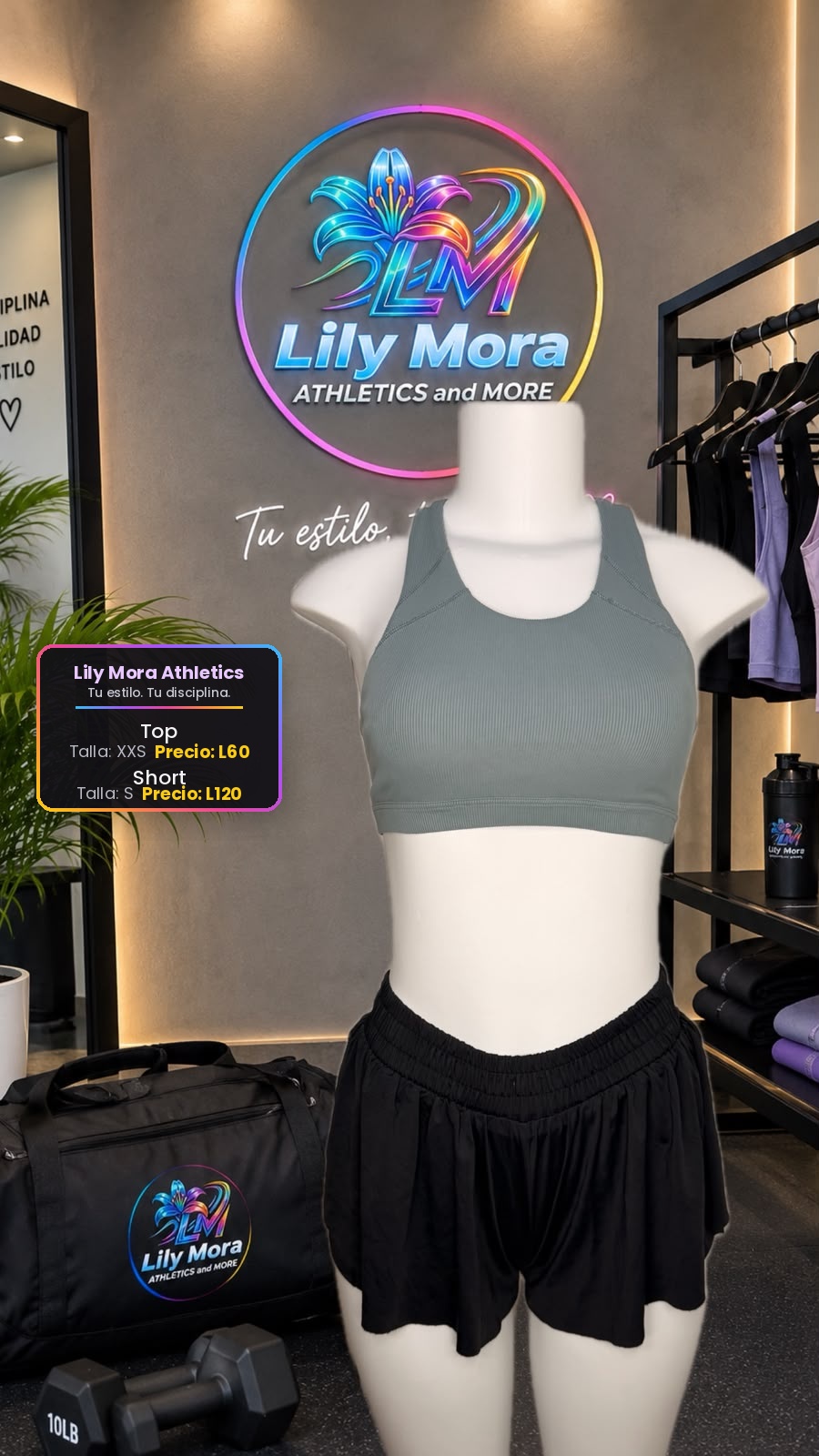 Top verde, talla XXS, precio L60 y Short negro, talla S, precio L120